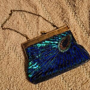 Womens Sequin Beaded Evening Bag with Peacock Design